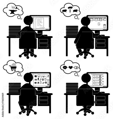 Set of flat situation office icons with computer isolated on whi