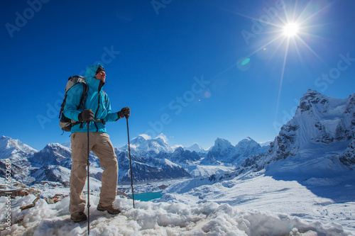 Hiker on the trek in Himalayas, Khumbu valley, Nepal