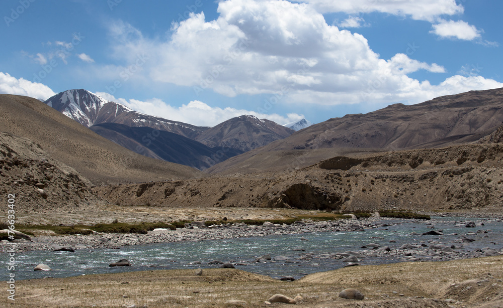 Stormy mountain river in valley in the foothills of the Fann mou