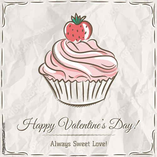 valentine card with  strawberry cupcake    vector