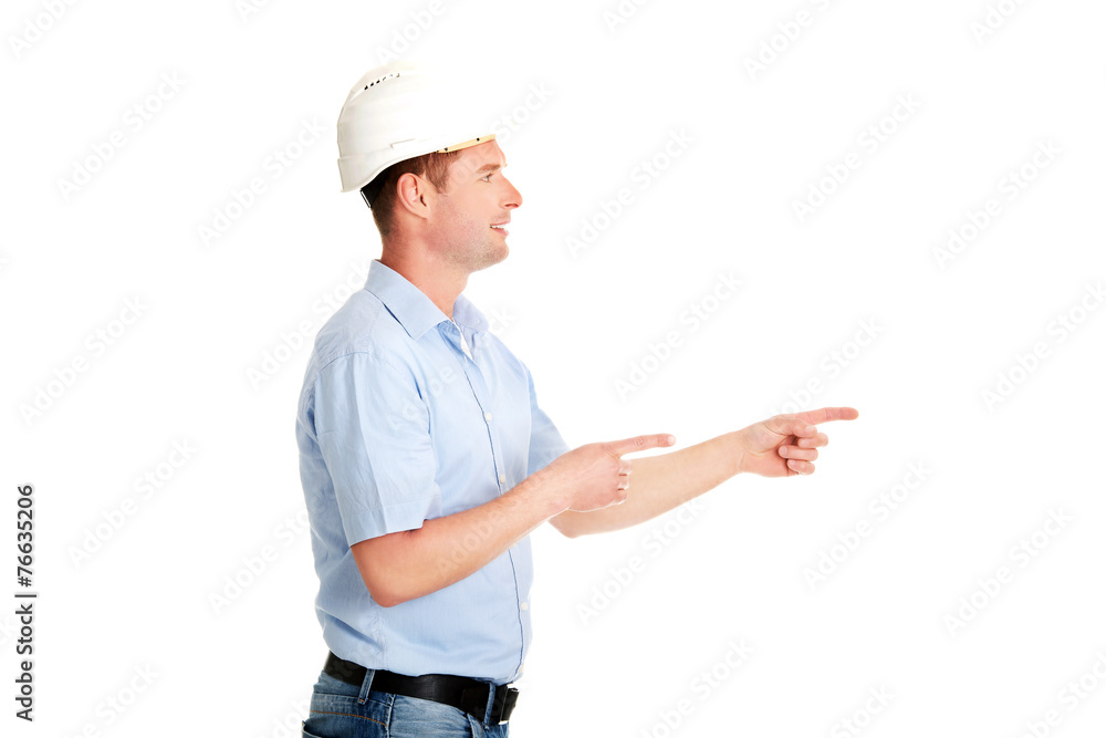 Happy worker presenting copy space. Happy worker presenting copy space.