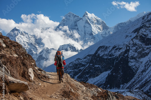 Hiker on the trek in Himalayas, Khumbu valley, Nepal