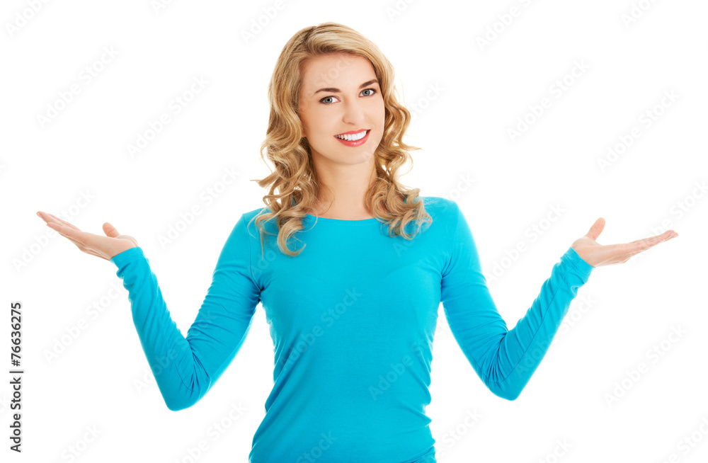 Woman showing something or copyspase Woman showing something or copyspase