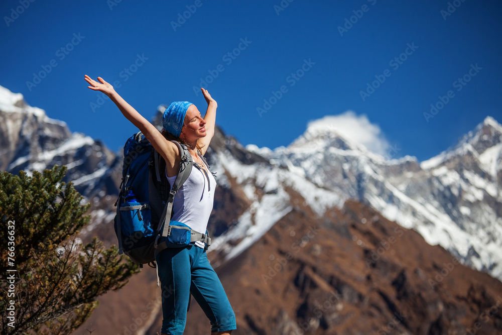 Hiker on the trek in Himalayas, Khumbu valley, Nepal Hiker on the trek in Himalayas, Khumbu valley, Nepal