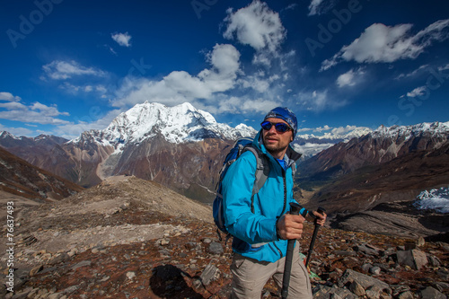 Hiker on the trek in Himalayas, Manaslu region, Nepal