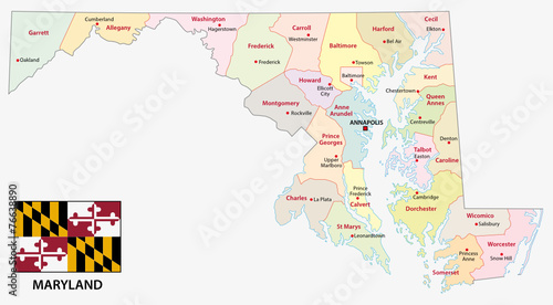 maryland administrative map with flag photo