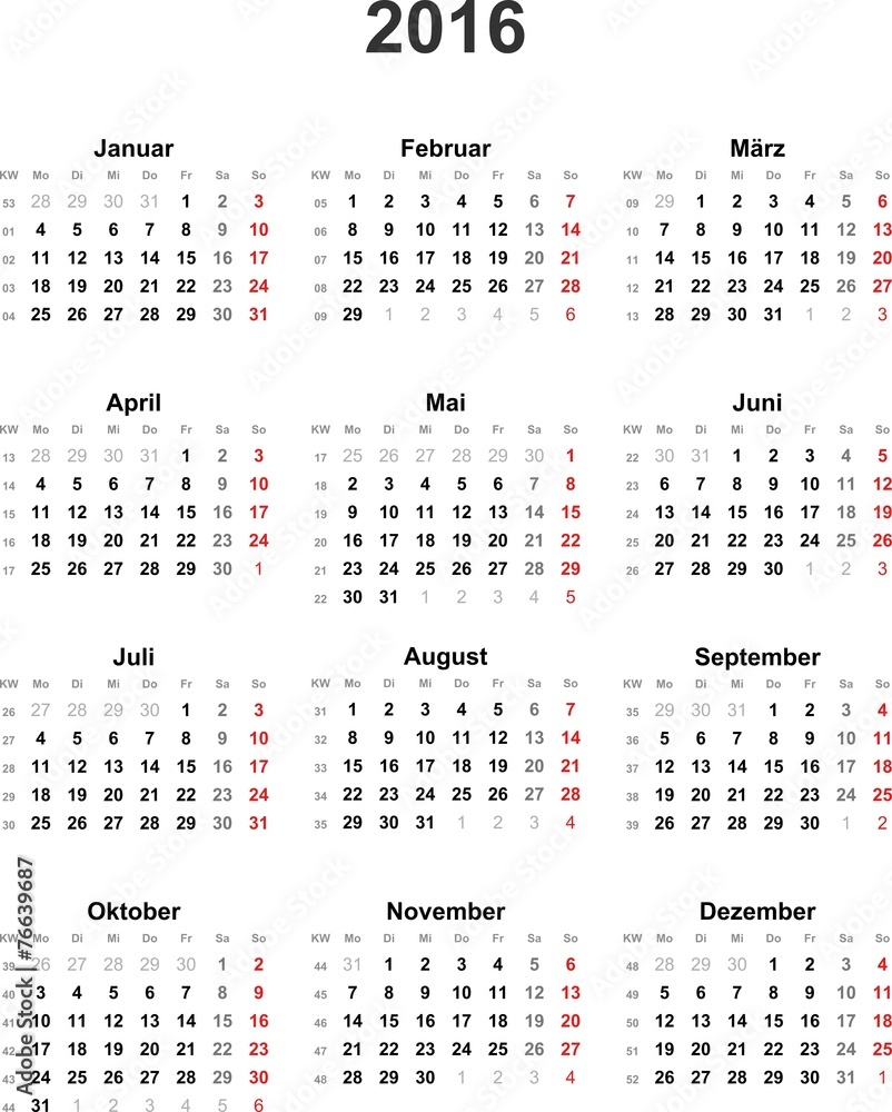 Kalender 2016 universal - ohne Feiertage Stock Vector | Adobe Stock