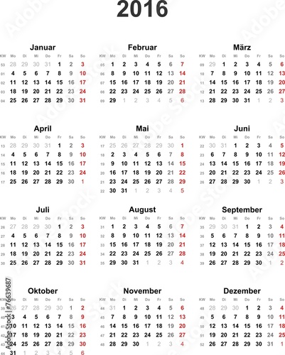 Kalender 2016 universal - ohne Feiertage
