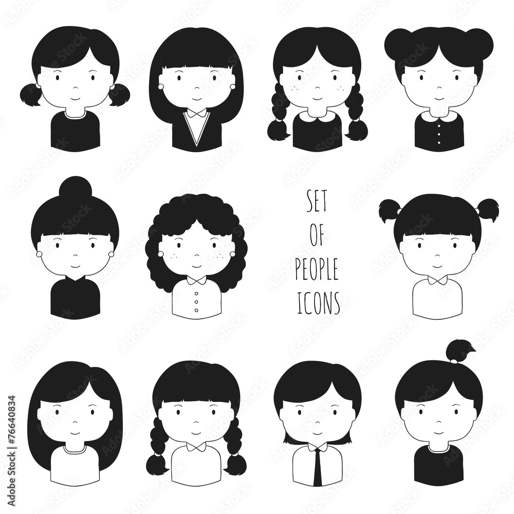 Set of monochrome female faces icons. Funny cartoon hand drawn Set of monochrome female faces icons. Funny cartoon hand drawn