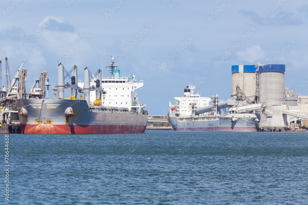 Cargo ships unloading at a port