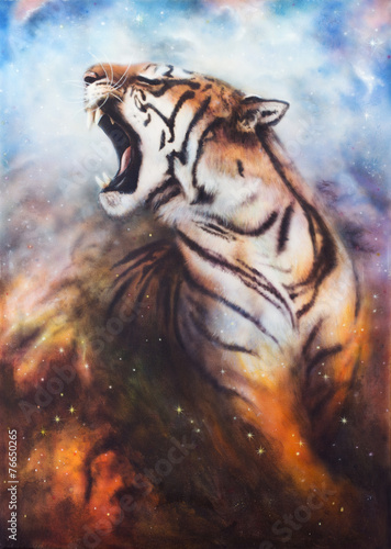 Psychologisch iets Perth Fotobehang Een prachtig airbrush schilderij van een brullende tijger op een  abstracte c - Nikkel-Art.be