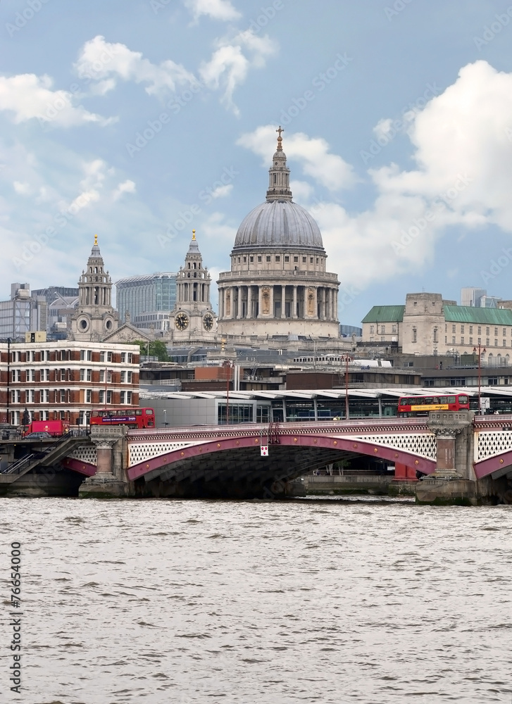 City of London view from the London bridge. St. Paul cathedral