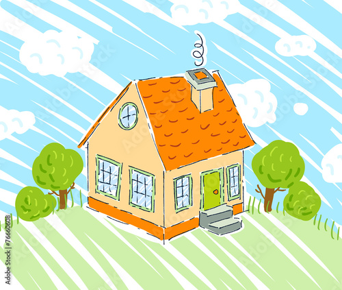 Kids drawing of new house on nature background
