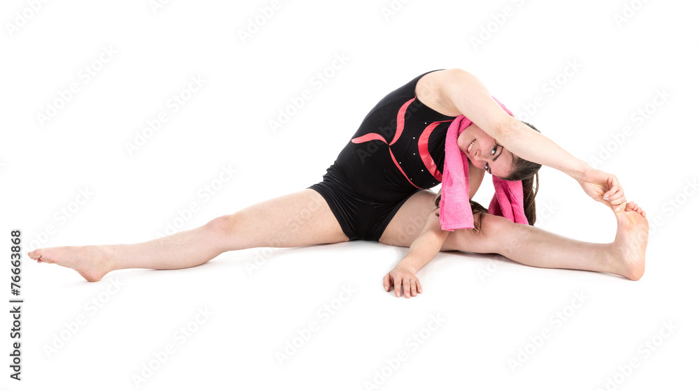 Stretching fitness woman on floor touching her foot Stretching fitness woman on floor touching her foot
