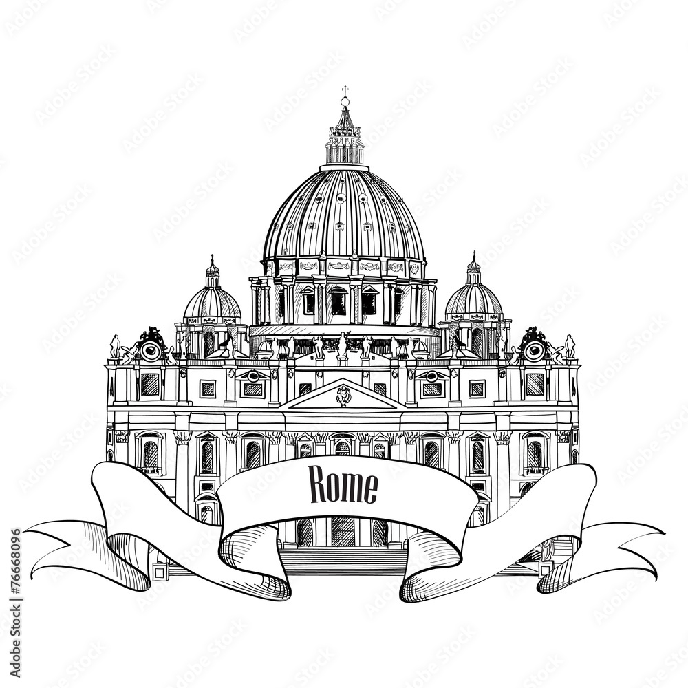 St. Peter's Cathedral, Rome, Italy. Hand drawn vector sketch illustration of italian landmark. Travel Italy symbol: Saint Pietro Basilica label.