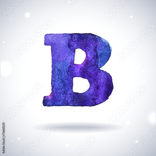 Watercolor letter B with shadow on bokeh background