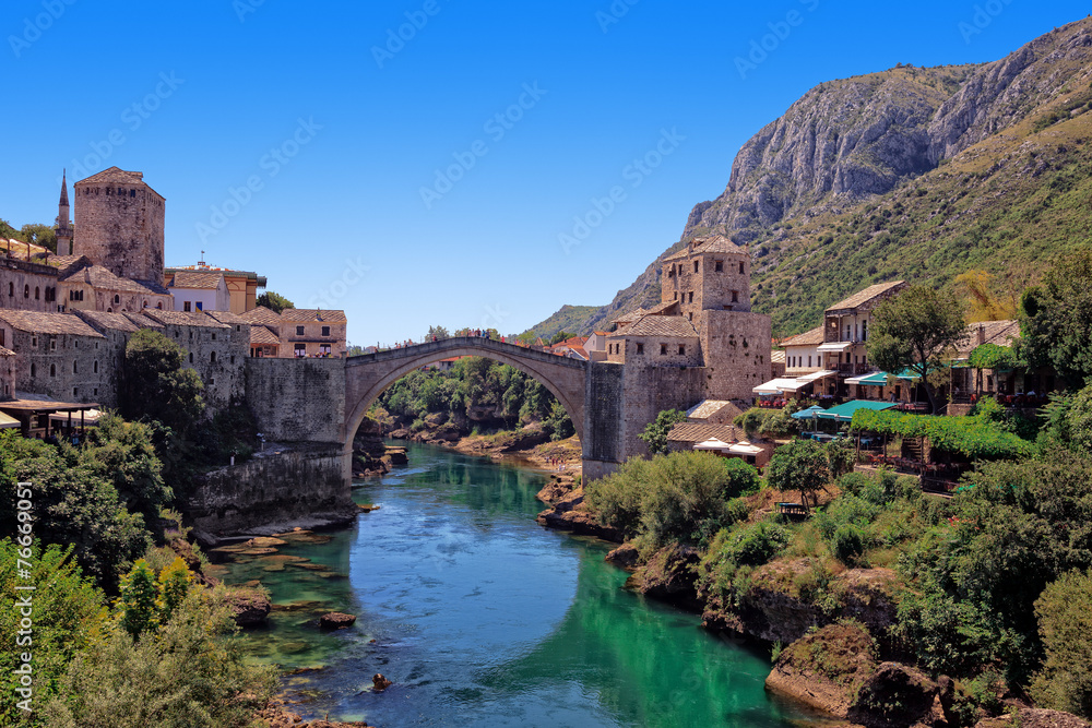 Old Bridge in Mostar with river Neretva, Bosnia and Herzegovina