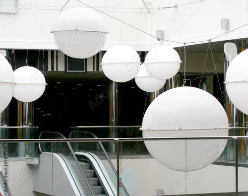 modern, decoration, big, white balls inside of building