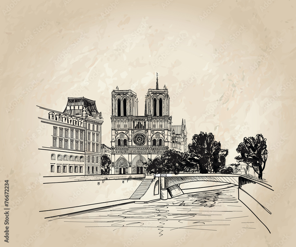 Notre Dame de Paris Cathedral, landscape Seine river, France