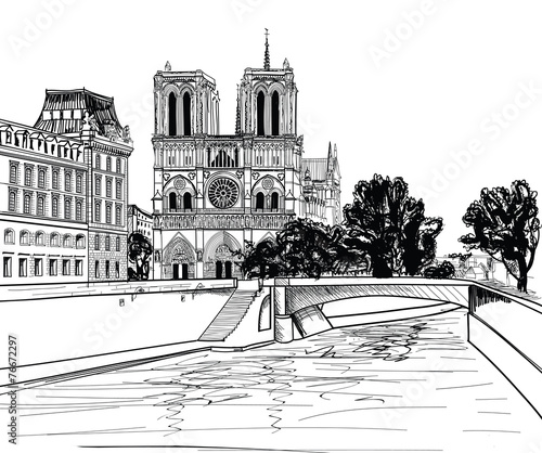 Notre Dame de Paris Cathedral, landscape Seine river, France #76672297