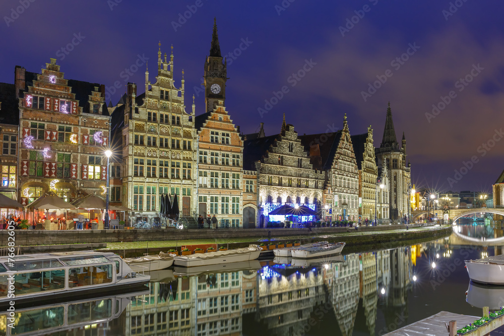 Quay Graslei in Ghent town at evening, Belgium