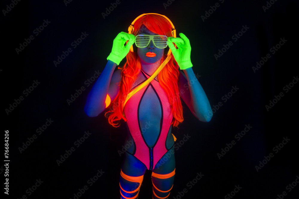 sexy neon uv glow dancer with hulahoop - obrazy, fototapety, plakaty 