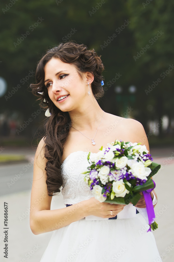Emotional portrait of caucasian happy bride on wedding day Emotional portrait of caucasian happy bride on wedding day
