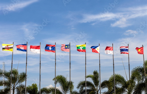 flags of southeast Asia countries on blue sky background