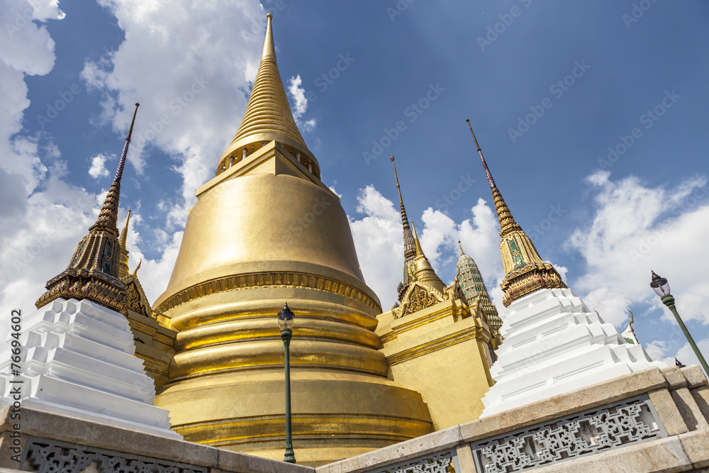 elevation perspective of golden pagoda and stupa at WAT Phra Kae elevation perspective of golden pagoda and stupa at WAT Phra Kae