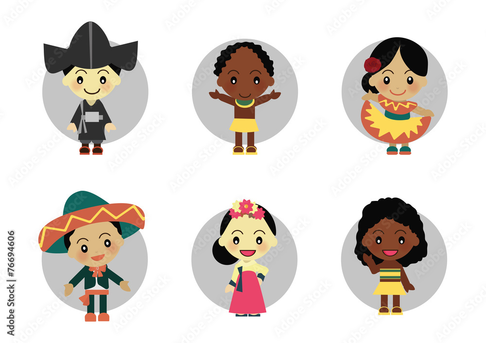Children from Korea Mexico Africa wear traditional clothes Children from Korea Mexico Africa wear traditional clothes