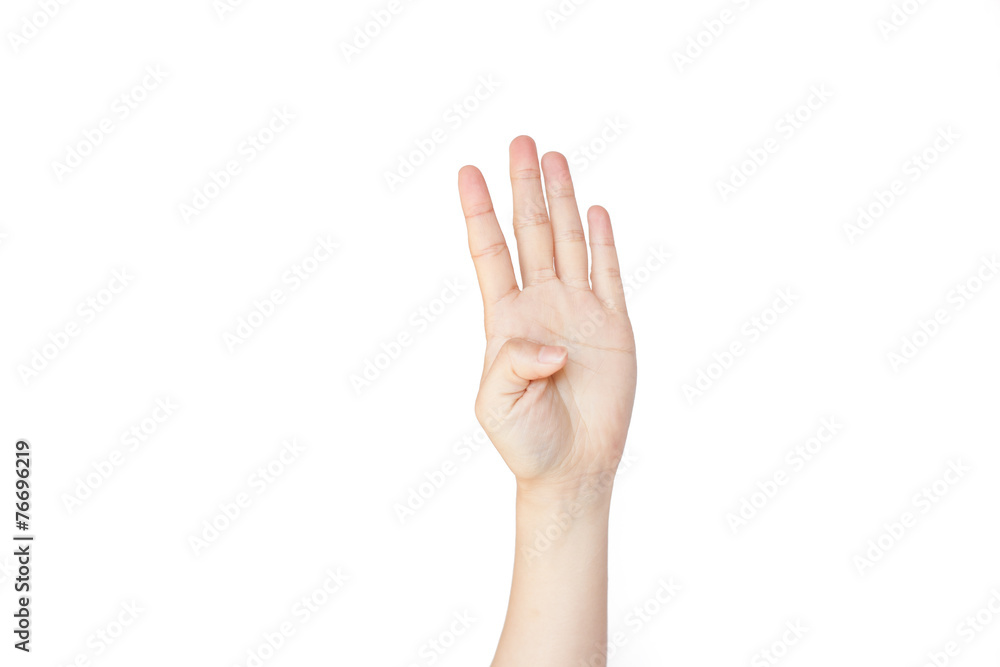 Japanese hand gesture: Number four on isolated white background Japanese hand gesture: Number four on isolated white background