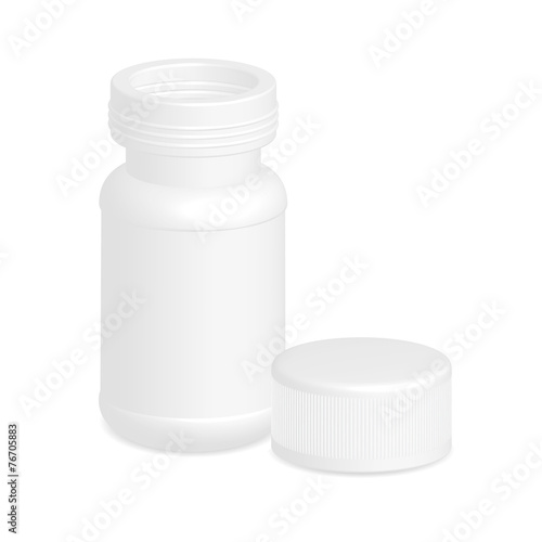 White plastic medical container bottle on white background.