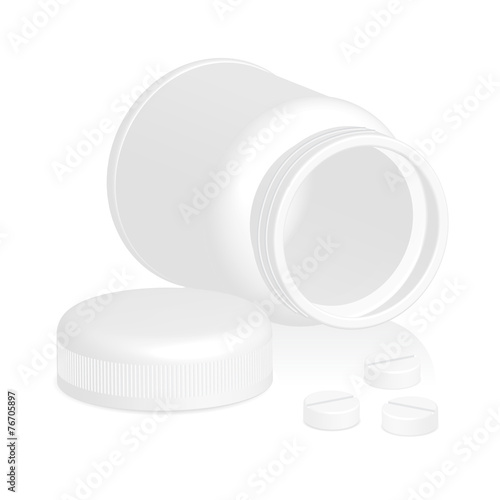 White plastic medical container with pills on white background