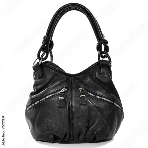 Black leather female bag isolated on white background. Rock styl