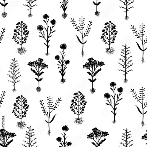 Herbarium flowers with roots, seamless pattern