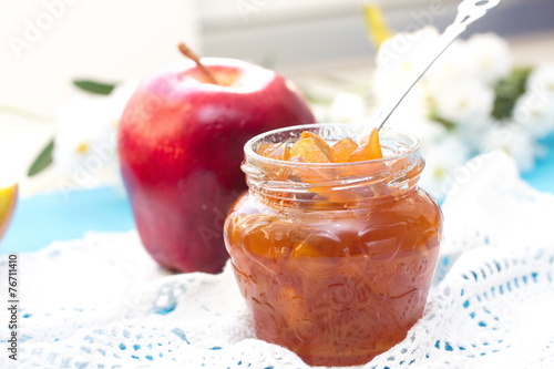 Apple jam and fresh apples photo