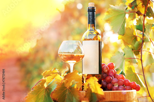 Fototapeta Naklejka Na Ścianę i Meble -  Tasty wine on wooden barrel on grape plantation background