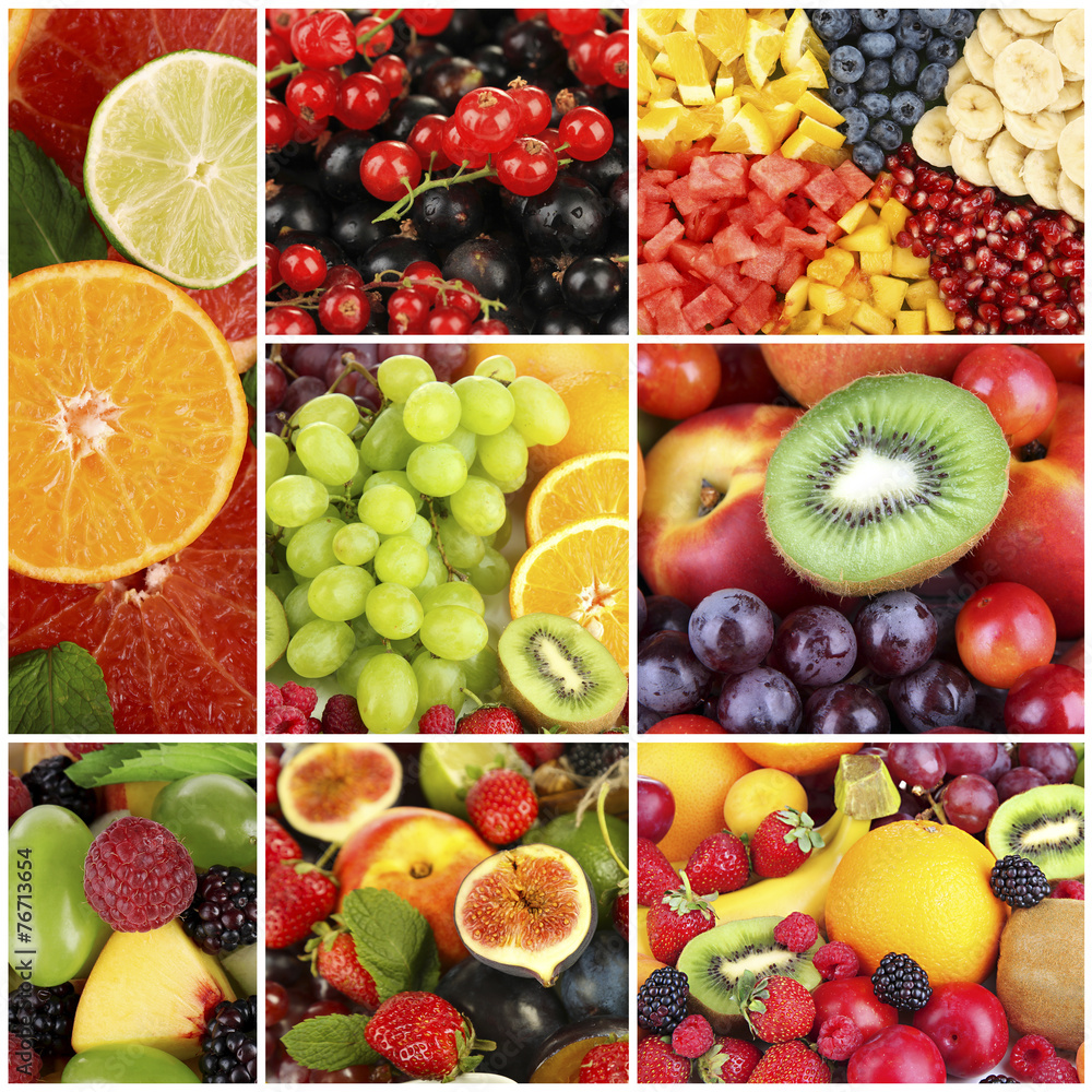 Fruits and berries in colorful collage Fruits and berries in colorful collage