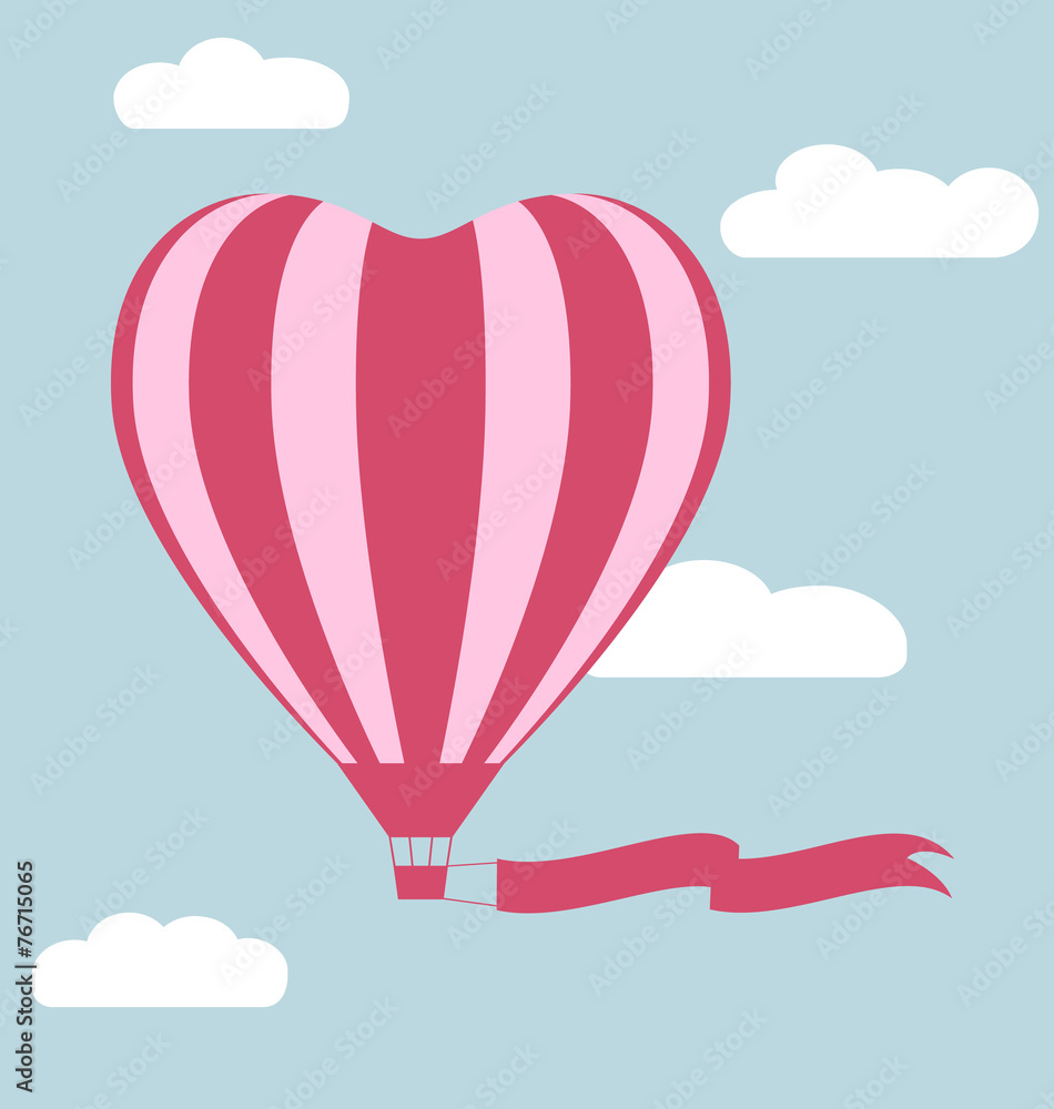 Fototapeta premium Flat hot air balloon in the shape of a heart with flag isolated