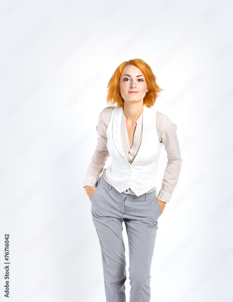 happy stylish red-haired girl on a white background. happy stylish red-haired girl on a white background.