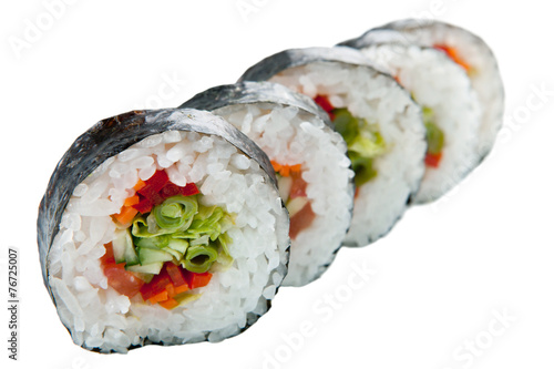 Japanese sushi rolls on white background