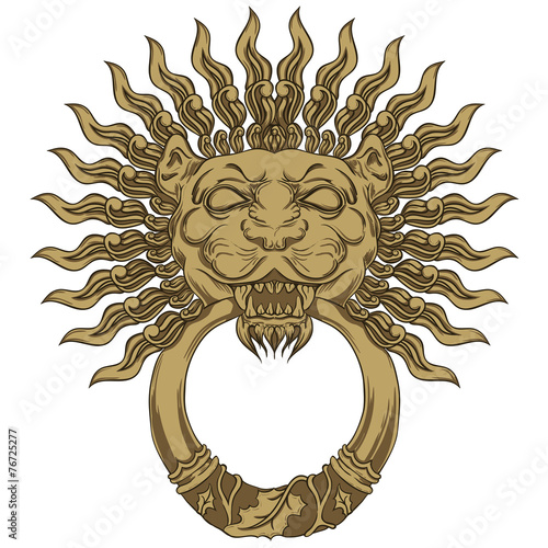 Gold lion head door knocker. Hand drawn vector illustration