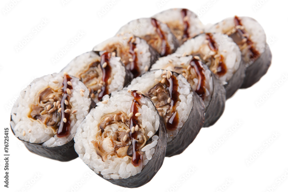 Japanese sushi rolls on white background Japanese sushi rolls on white background