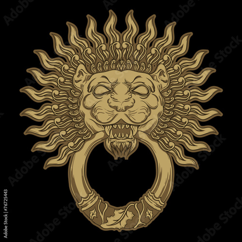 Golden lion head on black background. Door knocker. Vector