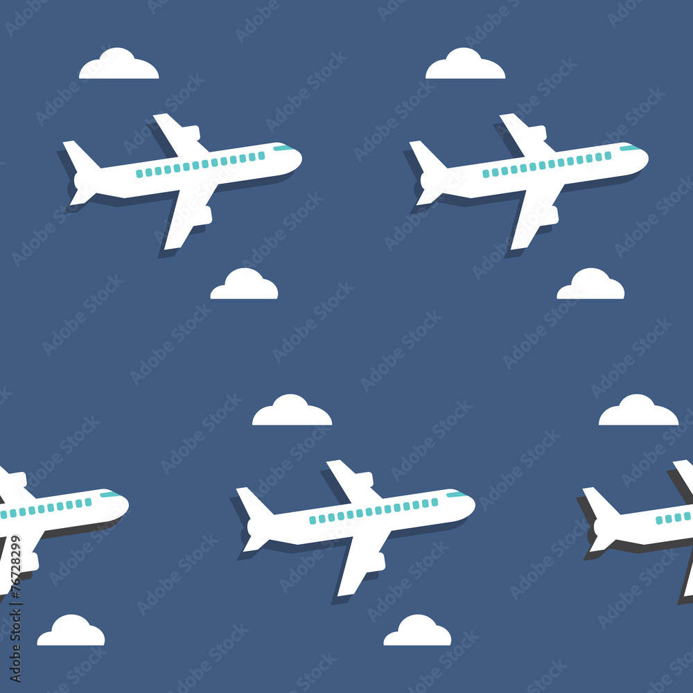 Seamless pattern. Airplanes and clouds over blue background. Seamless pattern. Airplanes and clouds over blue background.