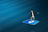 Man standing on cloud app icon with tech backgroud