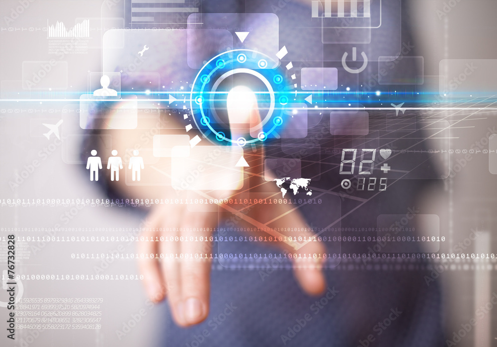 Young business woman touching future web technology buttons and Young business woman touching future web technology buttons and