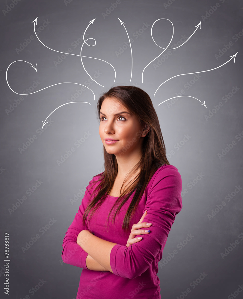 Young girl thinking with arrows overhead Young girl thinking with arrows overhead