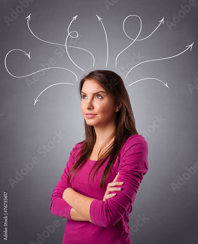 Young girl thinking with arrows overhead