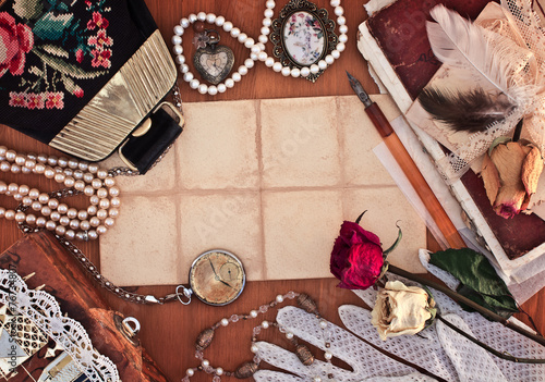 Old female jewelry, bag and white lace gloves